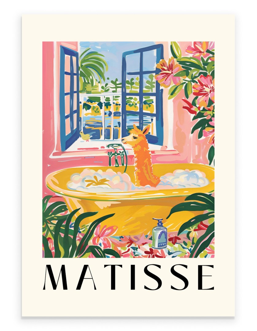 A framed art print of a llama in a bubble bath, surrounded by tropical flowers and open windows in Matisse style.