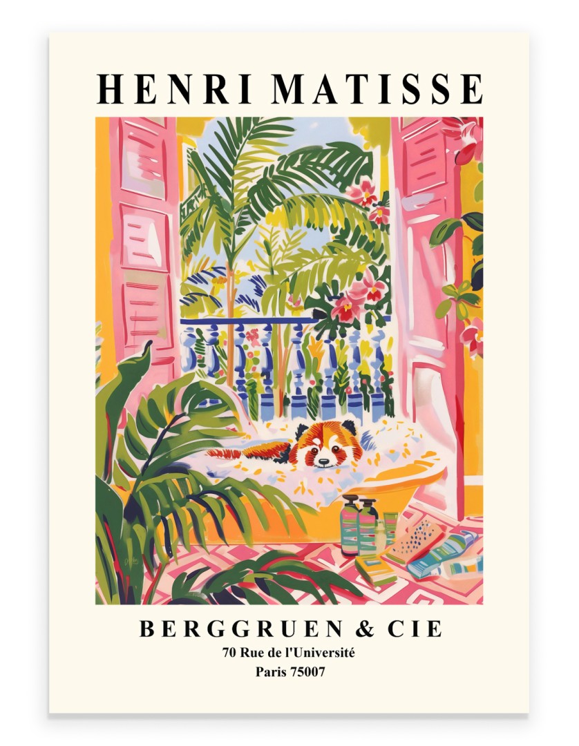 Red panda soaking in a bubble bath in a vivid Henri Matisse inspired tropical interior - colorful bathroom print for wall decor