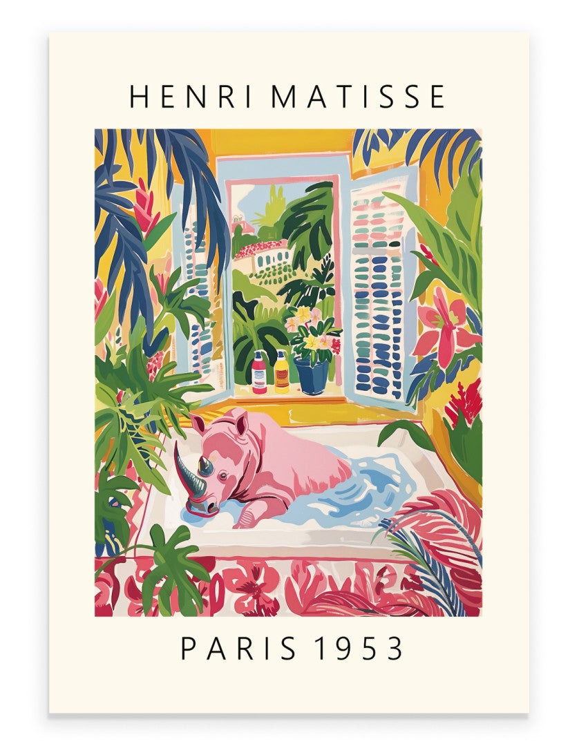 Cute rhinoceros enjoying a refreshing bath in a lush tropical setting painted in Henri Matisse inspired style - fun and colorful bathroom wall print for decor