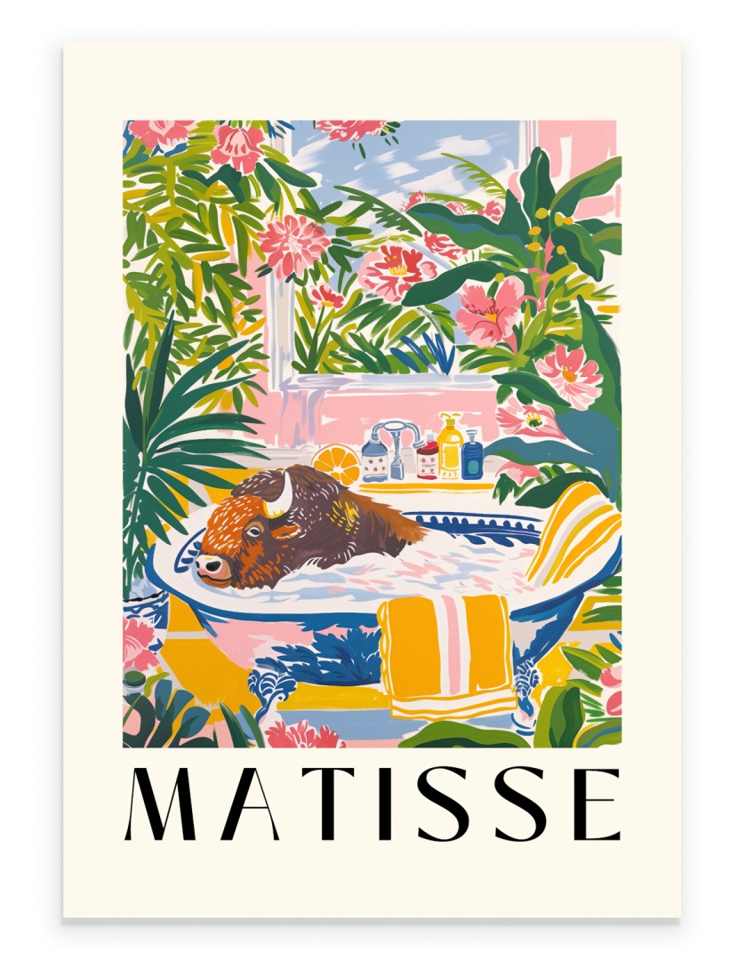 Bison relaxing in a foamy tub surrounded by flowers and greenery painted in Henri Matisse inspired style - colorful bathroom print for wall decor