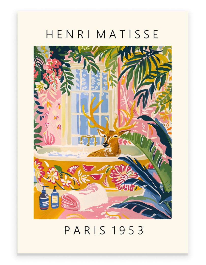 Deer enjoying a peaceful soak surrounded by vivid greenery and blossoms painted in Henri Matisse inspired style - colorful bathroom print for wall decor