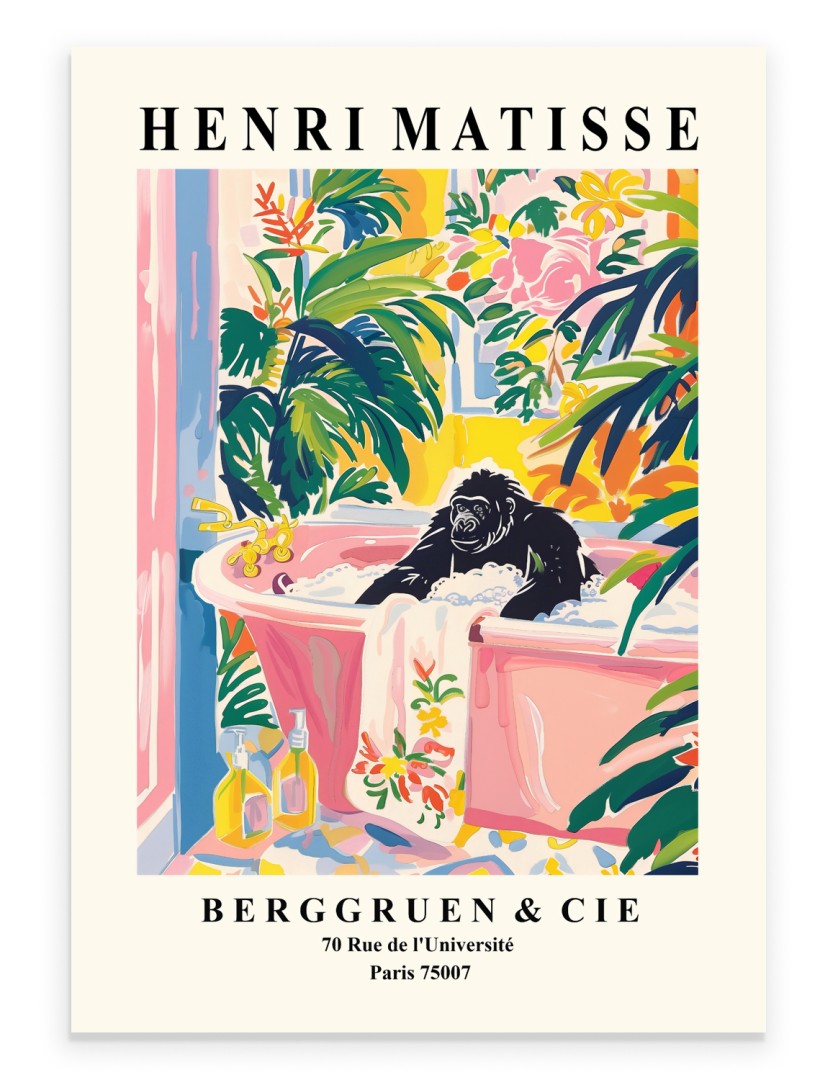 Gorilla soaking in a bubbly bath surrounded by bold plants and soft colors painted in Henri Matisse inspired style - vibrant bathroom print for wall decor