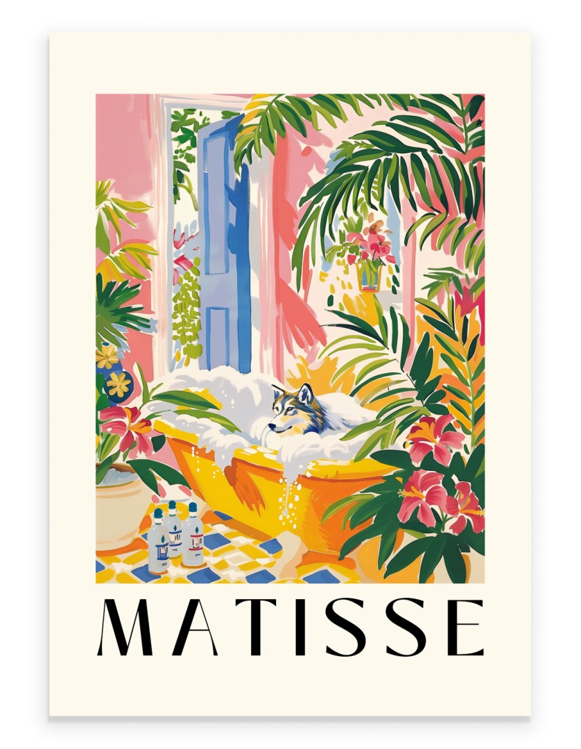 Tropical bath scene with wolf and greenery – Matisse-style print for modern decor