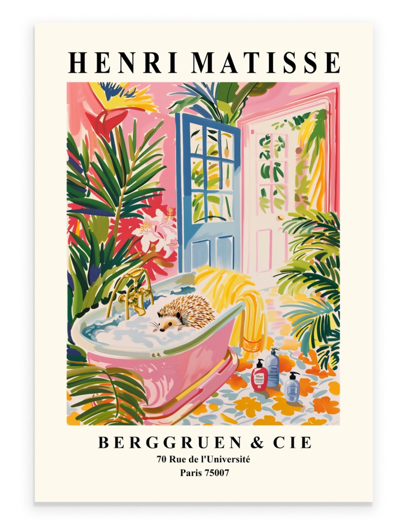 Cute hedgehog in a tub surrounded by tropical plants, Henri Matisse inspired matisse print wall decor