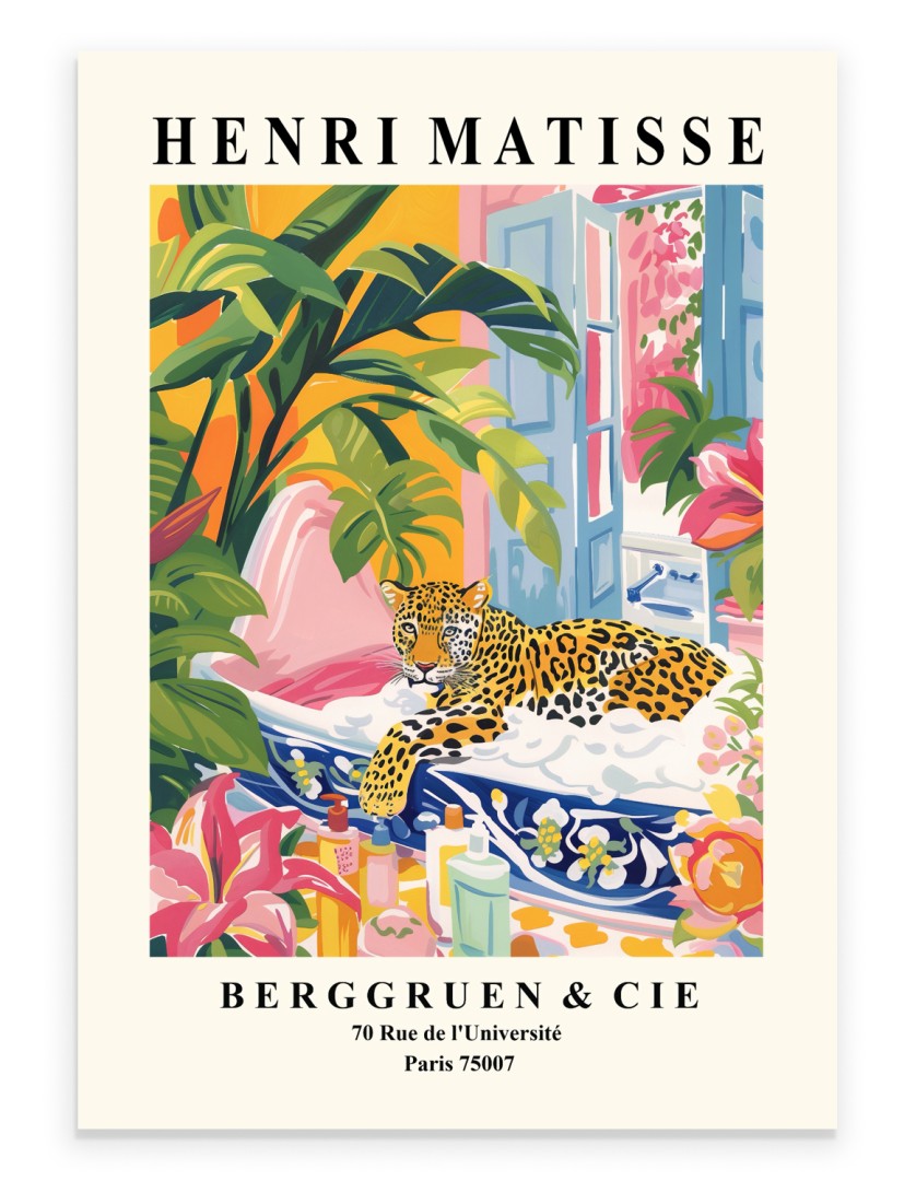 Leopard lounging in a vibrant tropical bathtub surrounded by plants - Matisse print