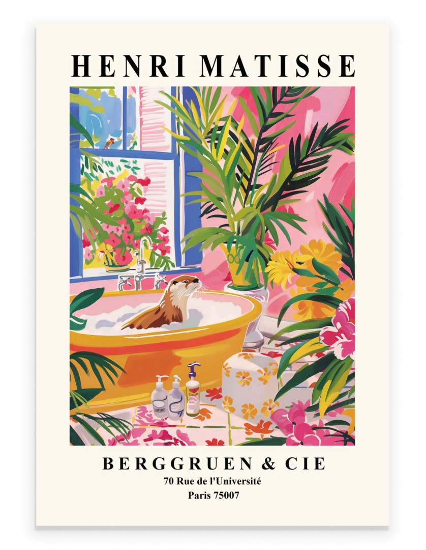 Henri Matisse inspired art print of an otter relaxing in a tropical bath scene.