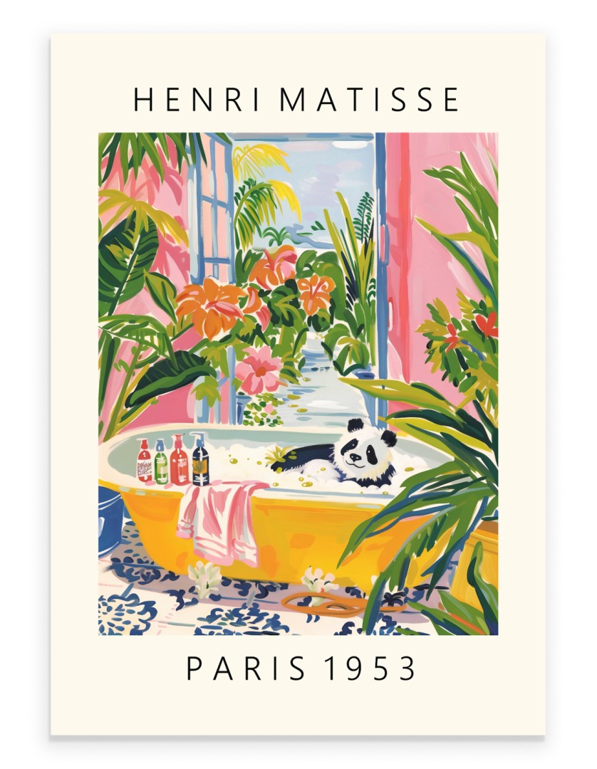 Henri Matisse inspired art print of a panda relaxing in a tropical bath scene.