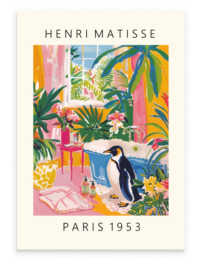 Henri Matisse inspired art print of a penguin beside a tropical bathtub scene.
