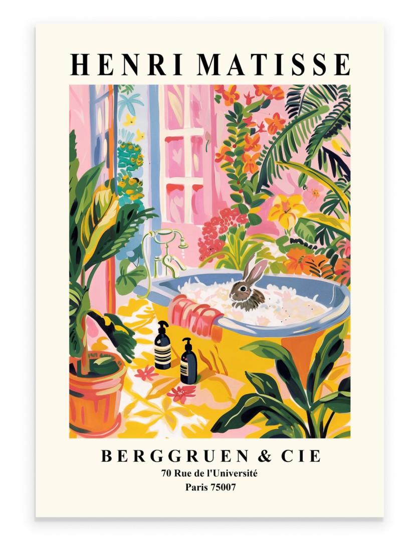 Henri Matisse style art print of a rabbit in a bubble bath surrounded by tropical plants.