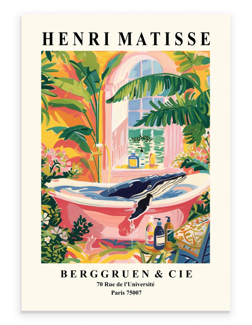 Henri Matisse style whale in a pink tropical bathtub surrounded by plants.