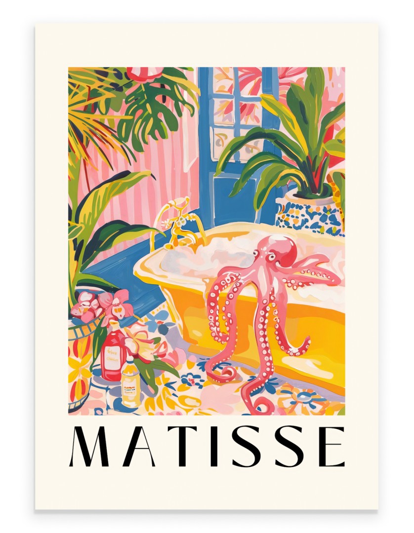 Matisse style octopus relaxing in a tropical yellow bathtub.
