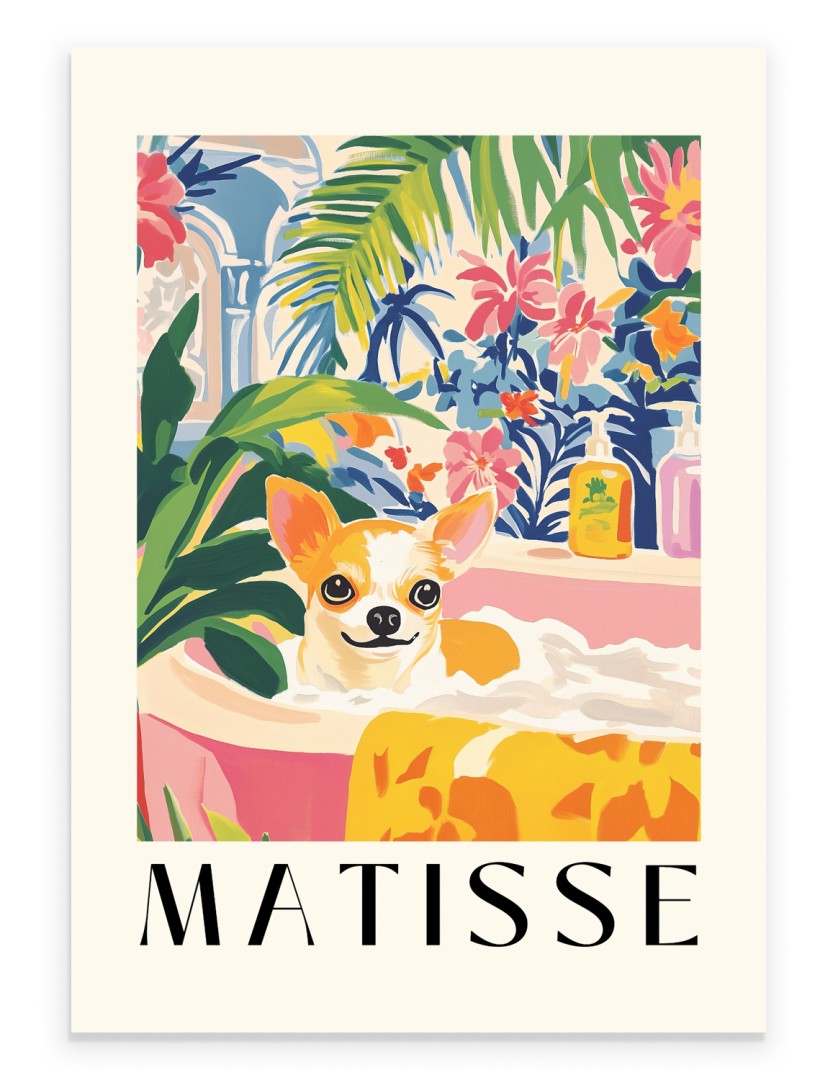 Matisse style chihuahua bathroom wall print with tropical flowers and pink bathtub.