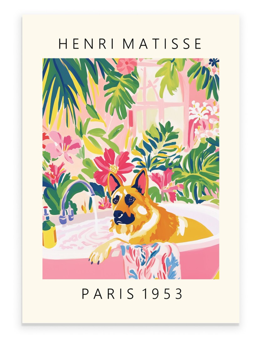 Matisse style German Shepherd bathroom art print with tropical plants and pink tub.