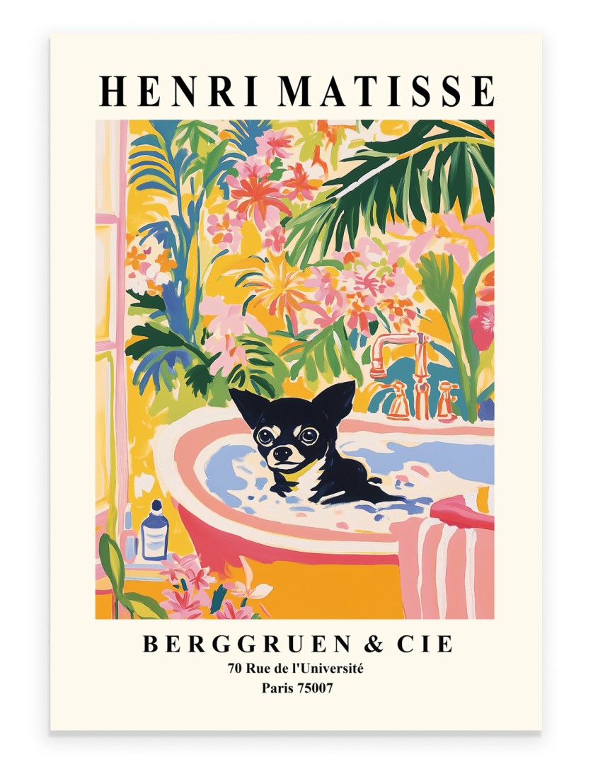 Black Chihuahua in pink bathtub with tropical plants in Matisse-style print.