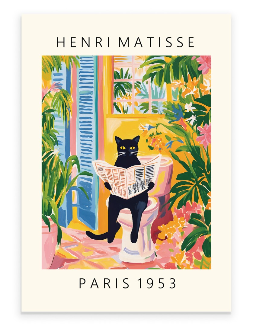 Black cat reading newspaper on toilet in colorful tropical bathroom art.