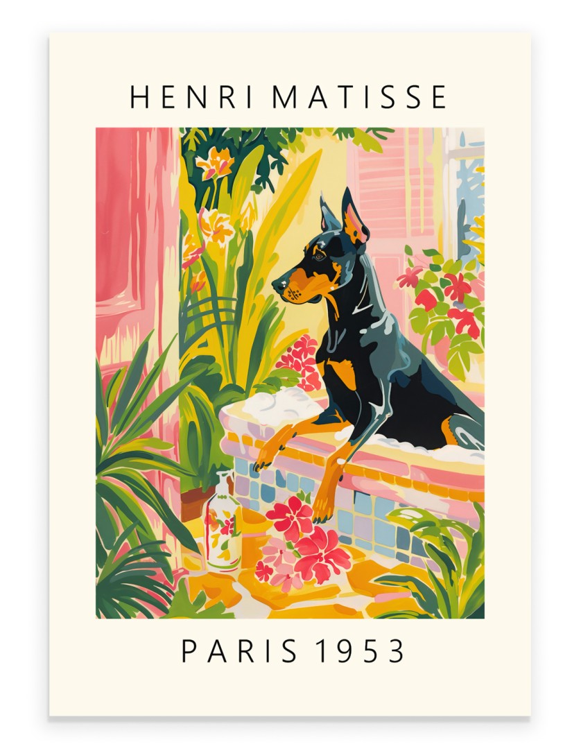 Doberman dog lounging in tropical tiled bathtub Matisse-style wall art.