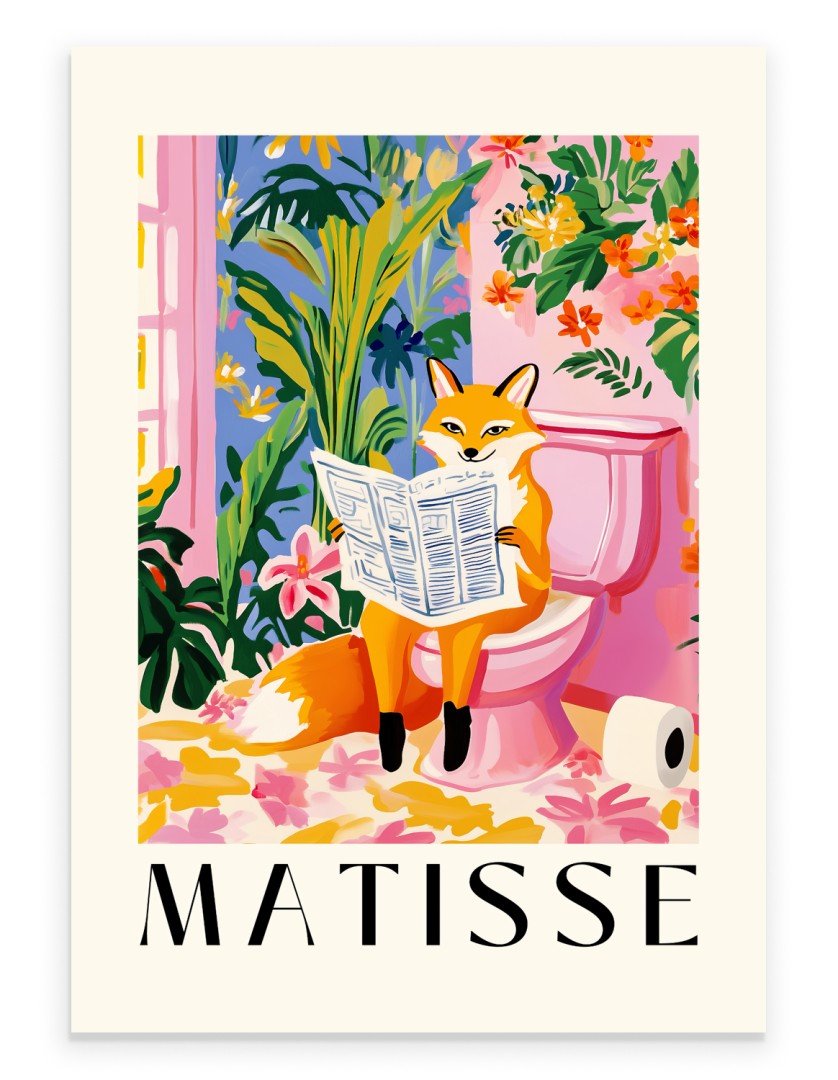 Fox reading newspaper on toilet in colorful tropical bathroom art.