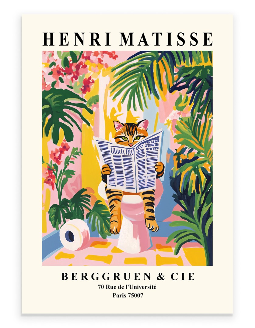 Tabby cat reading a newspaper while sitting on a toilet in a colorful tropical bathroom.