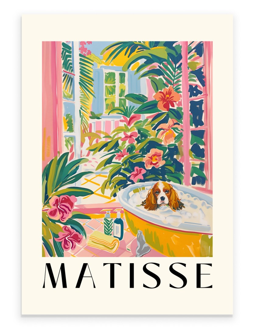 Cavalier King Charles Spaniel in a yellow bathtub surrounded by tropical flowers.