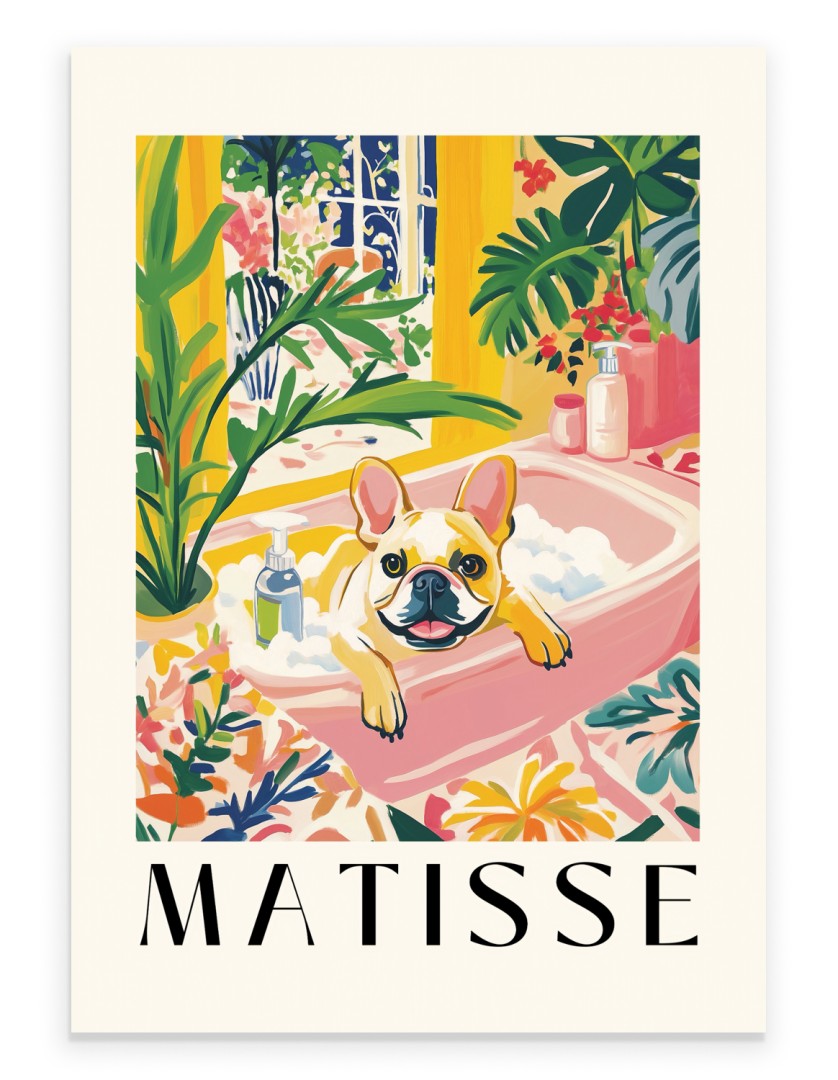 French Bulldog lounging in a pink bathtub with tropical plants.