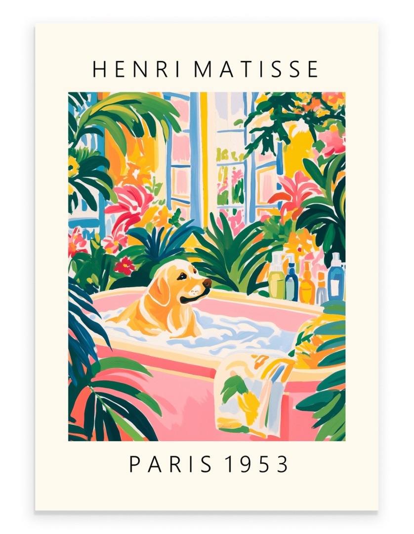 Labrador soaking in a pink bathtub surrounded by tropical plants.