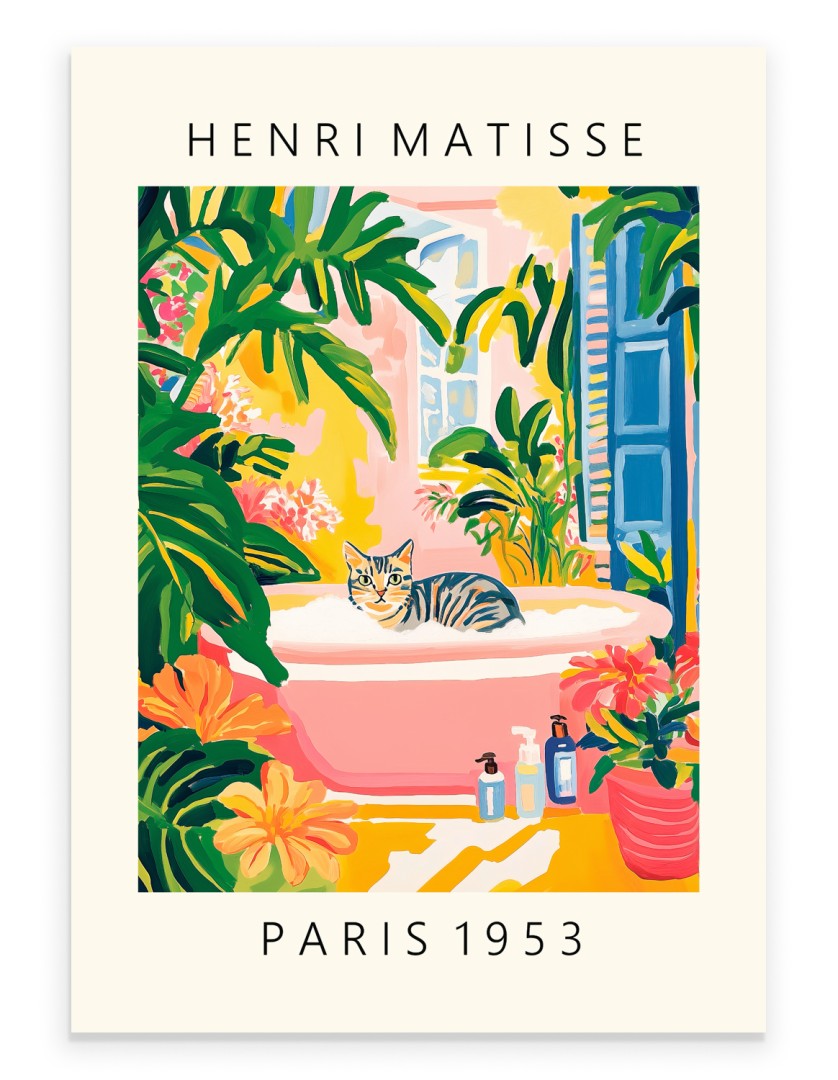 Tabby cat lounging in a pink tub with tropical plants - Matisse art print.