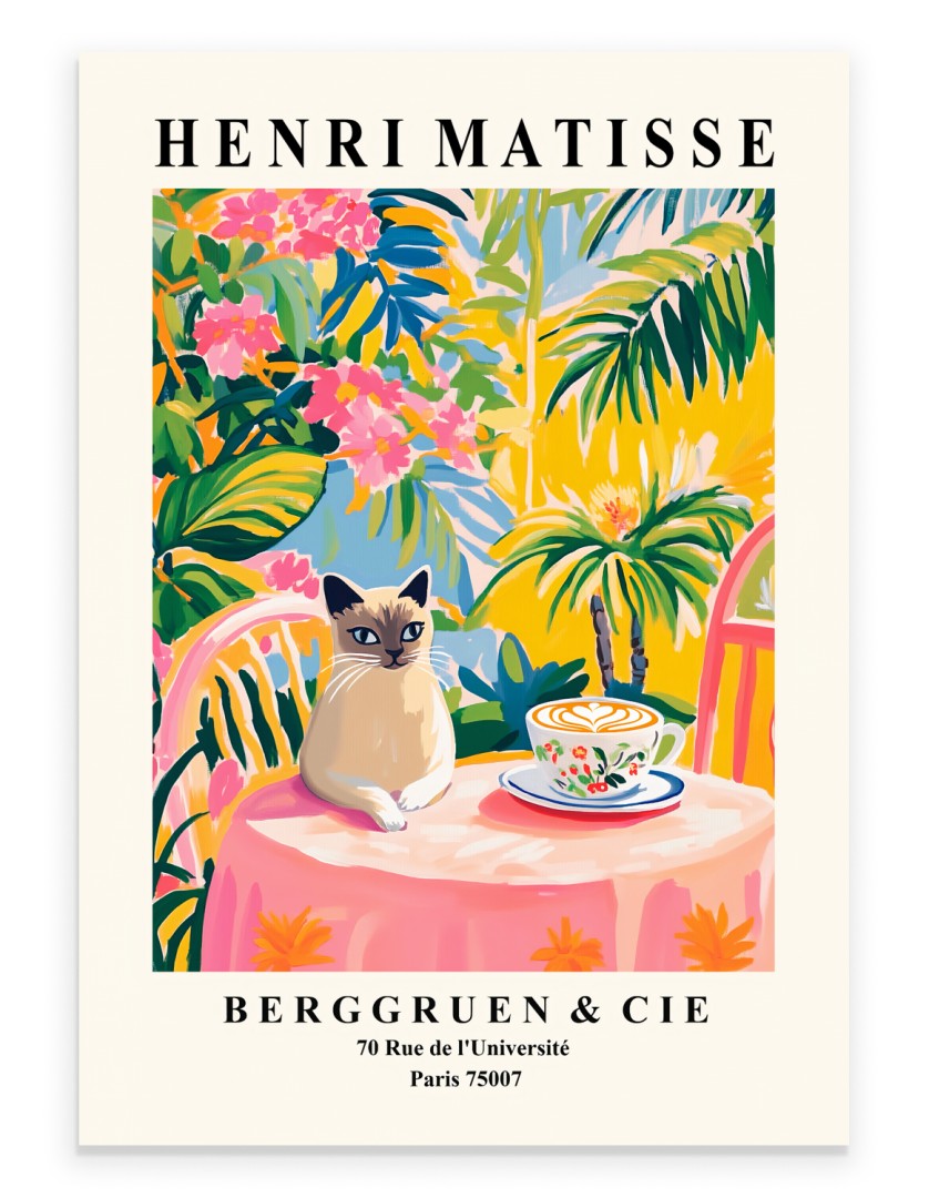 Henri Matisse inspired Siamese cat art print in colorful café scene