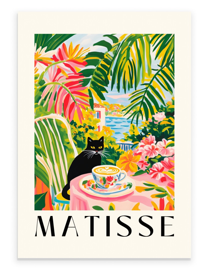 Henri Matisse inspired art print of black cat in café with coffee
