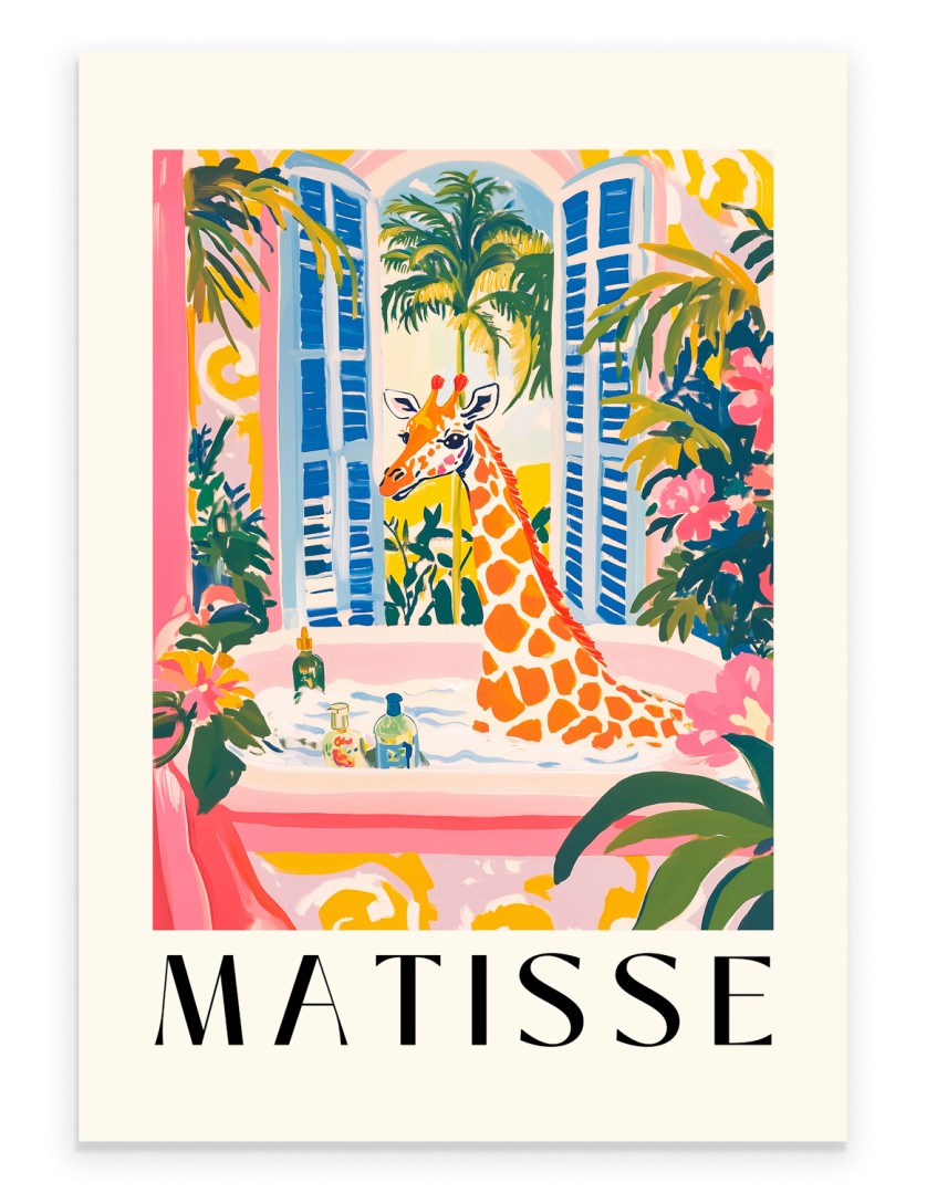 Giraffe in a bathtub surrounded by tropical plants, Matisse-inspired bathroom art print.