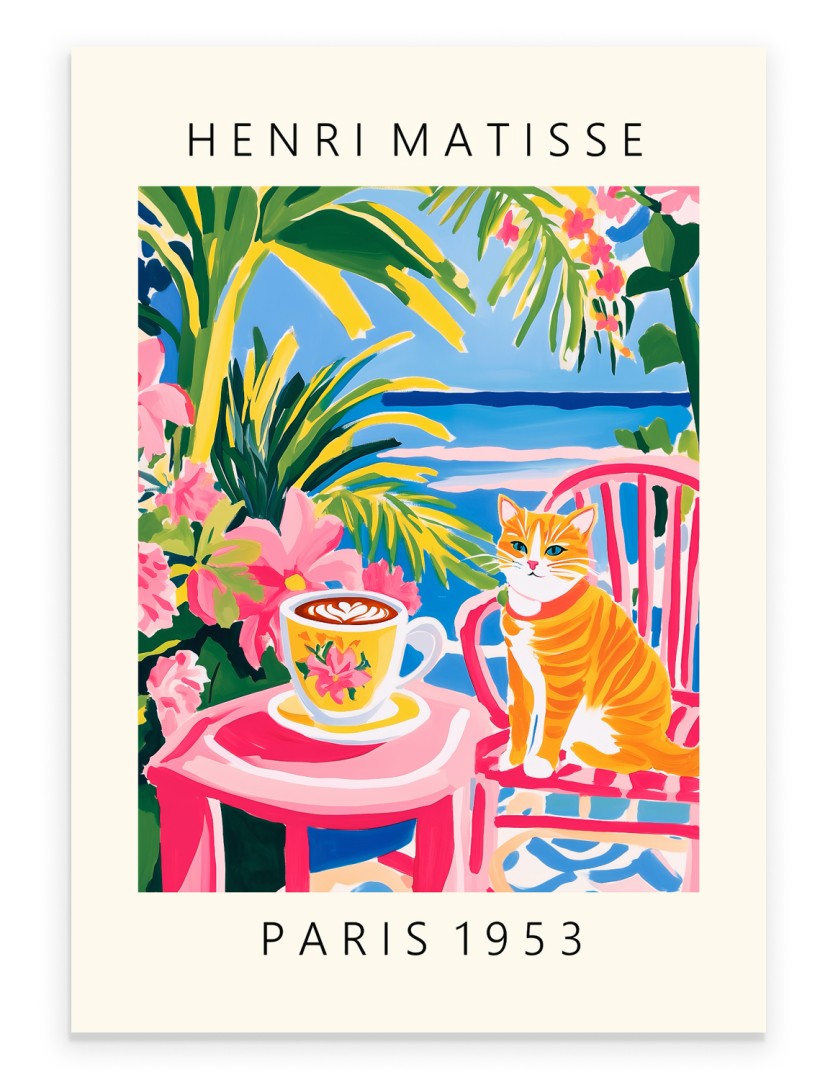 Matisse inspired orange tabby cat drinking coffee tropical colorful art print