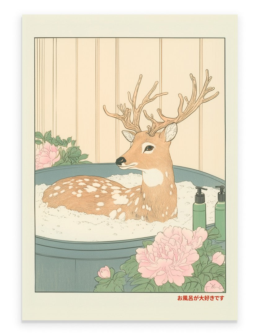 Spotted deer in a flower-filled Japanese bath with steam and soft greenery
