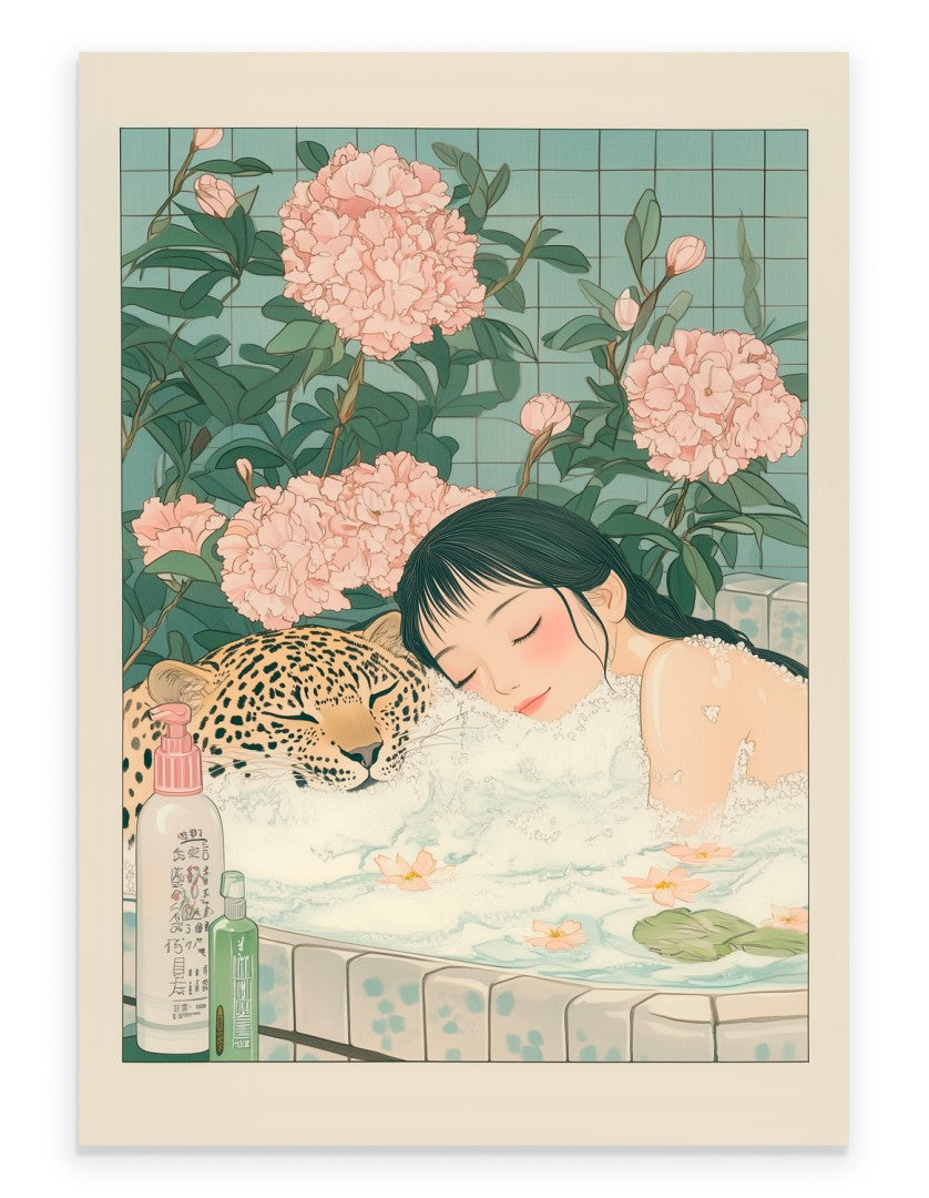 Woman and leopard in a Japanese-inspired floral bath with soft natural colors