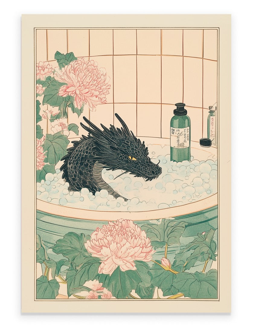 Black dragon soaking in a floral Japanese bath with petals and soft atmosphere