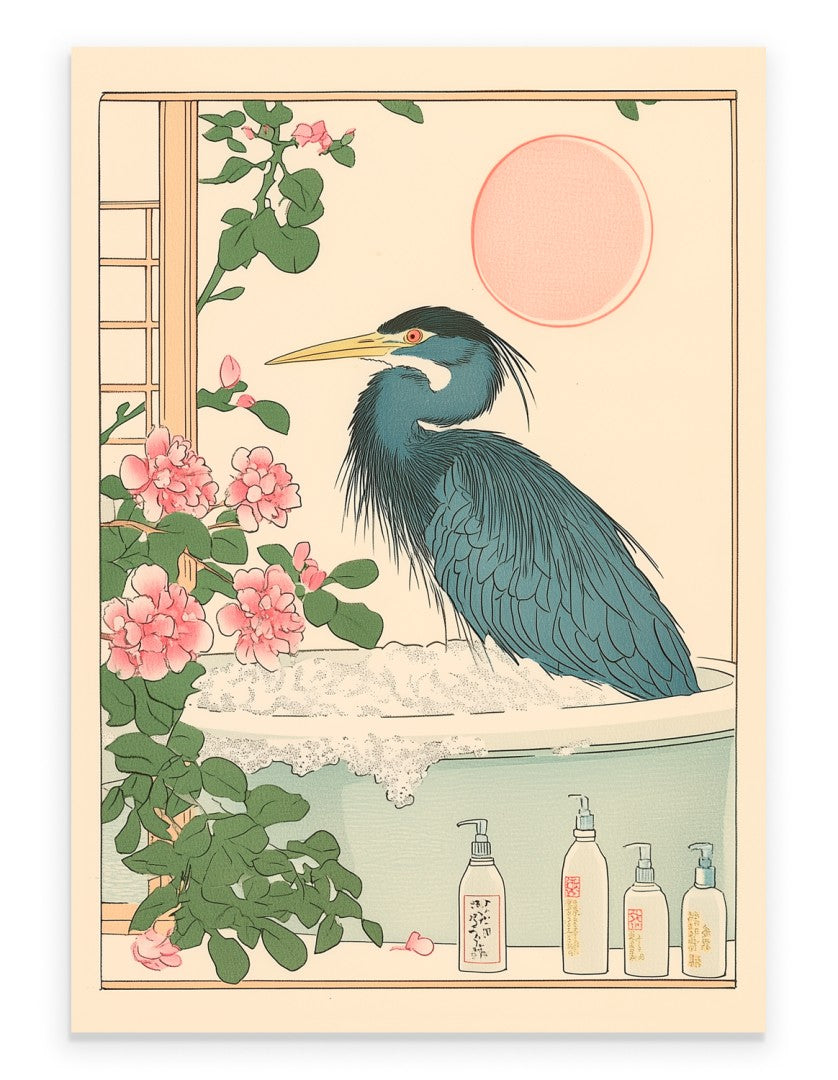 Blue heron resting in a floral Japanese bath surrounded by greenery and soft blooms
