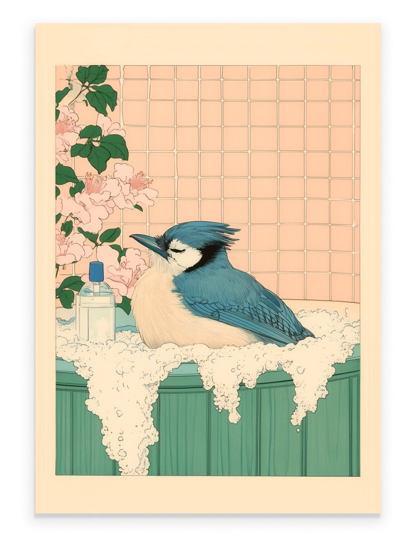 Blue jay relaxing in a floral Japanese bath with pink blossoms and greenery