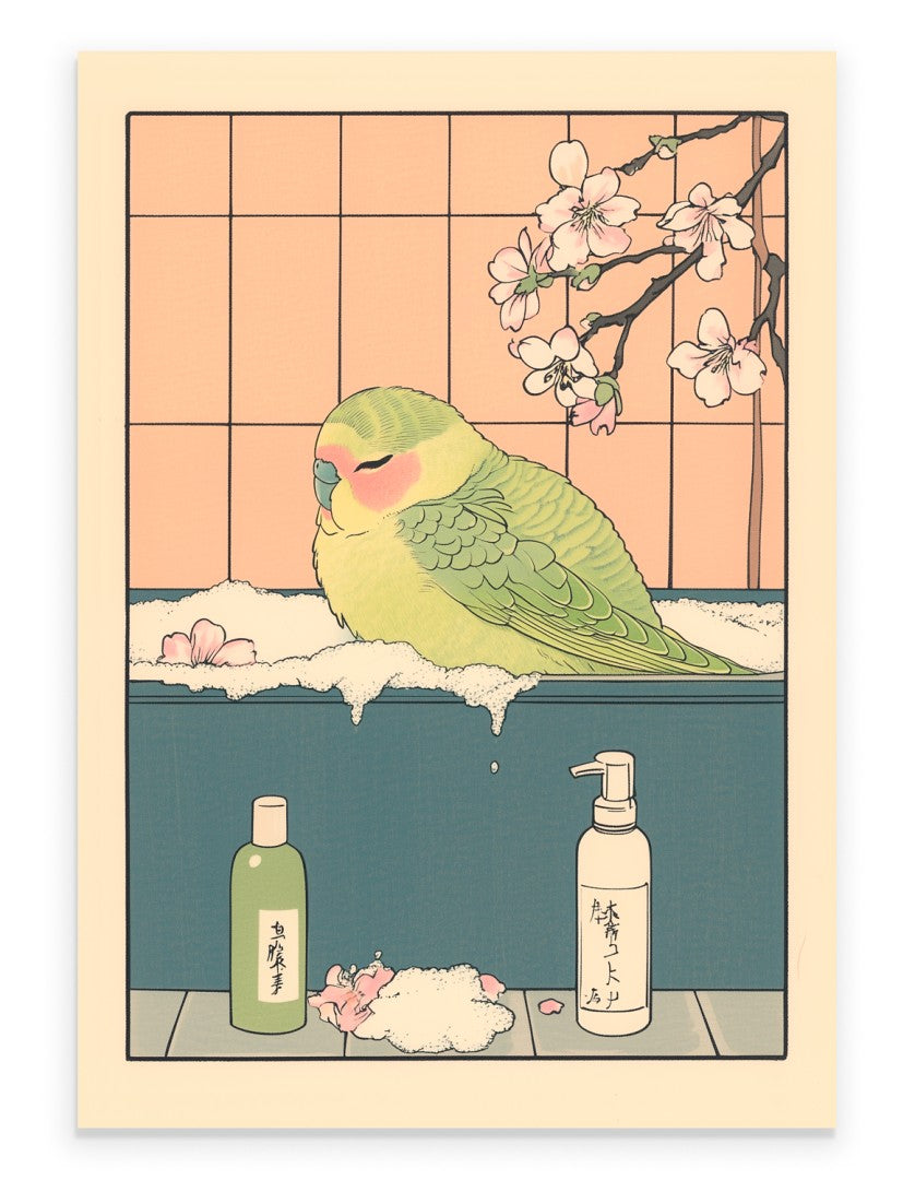 Lovebird resting in a soft Japanese floral bath surrounded by greenery and pastel flowers