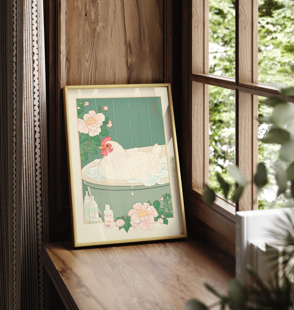 Framed chicken bathroom print with floral Japanese bath setting and soft tones