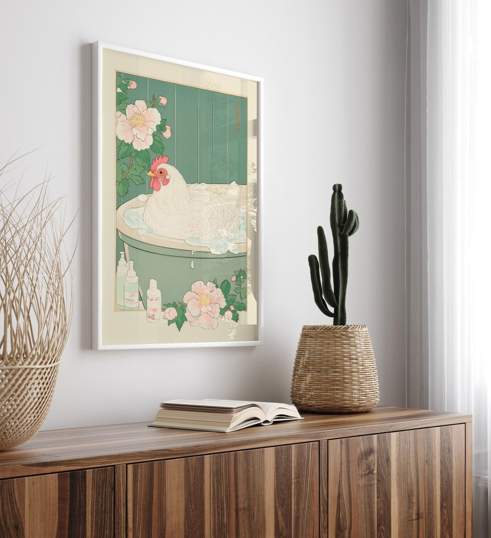 High-quality framed chicken bathroom wall art with pink blossoms and greenery