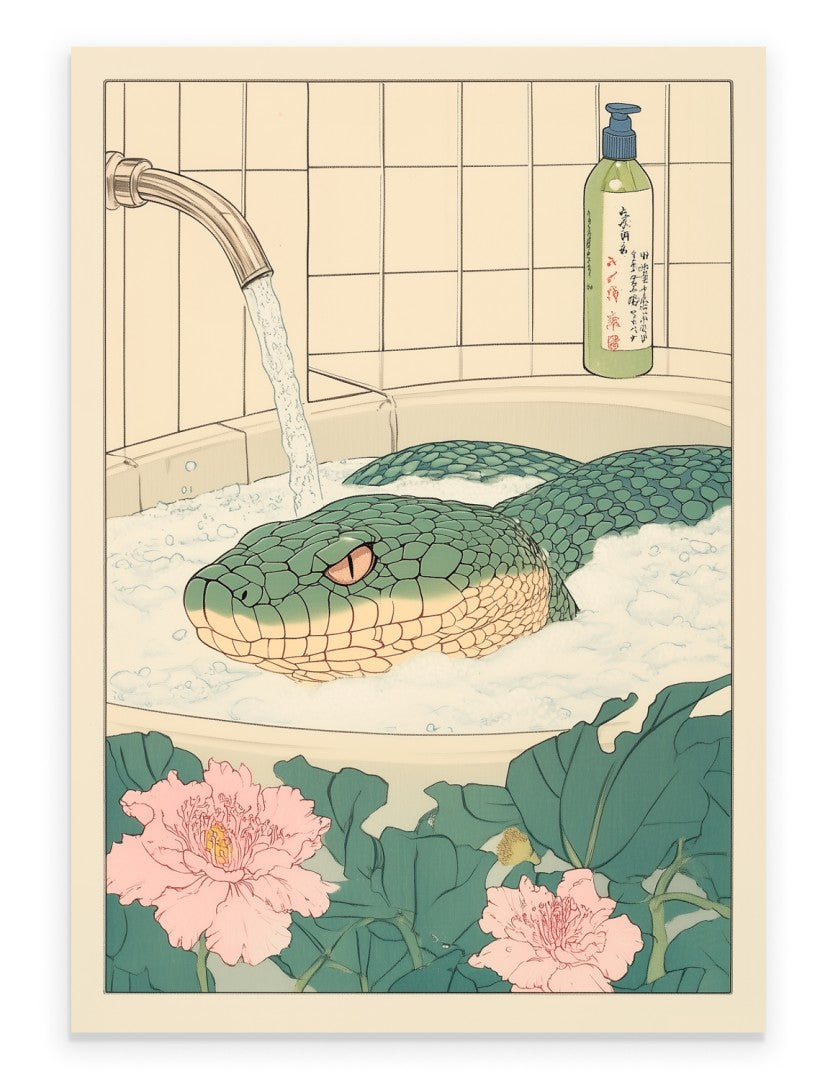 Snake coiled in a Japanese floral bath with blossoms and soft lighting