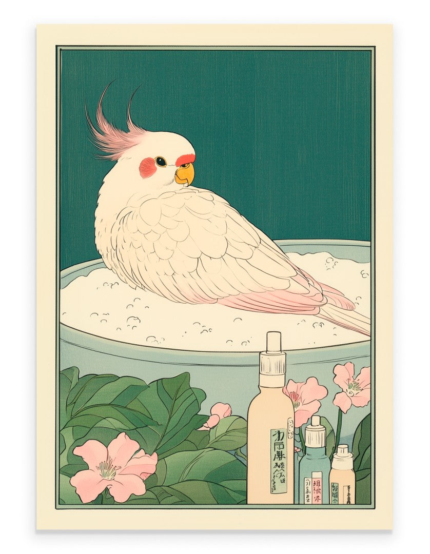 Cute cockatiel resting in a steamy Japanese bath with florals and leaves