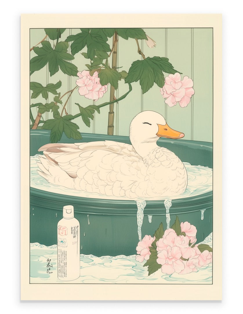 Duck relaxing in a steamy Japanese floral bath with soft greenery and petals