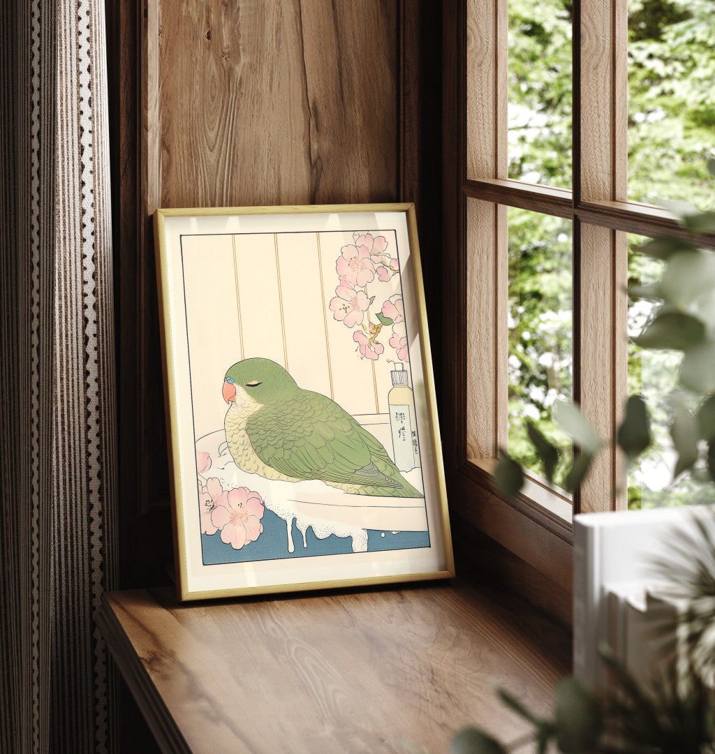 Framed bathroom wall art with a parakeet in a tranquil Japanese-inspired floral bath