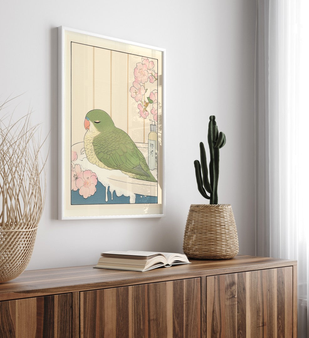 High-quality framed parakeet bathroom print with soft blossoms and green leaves