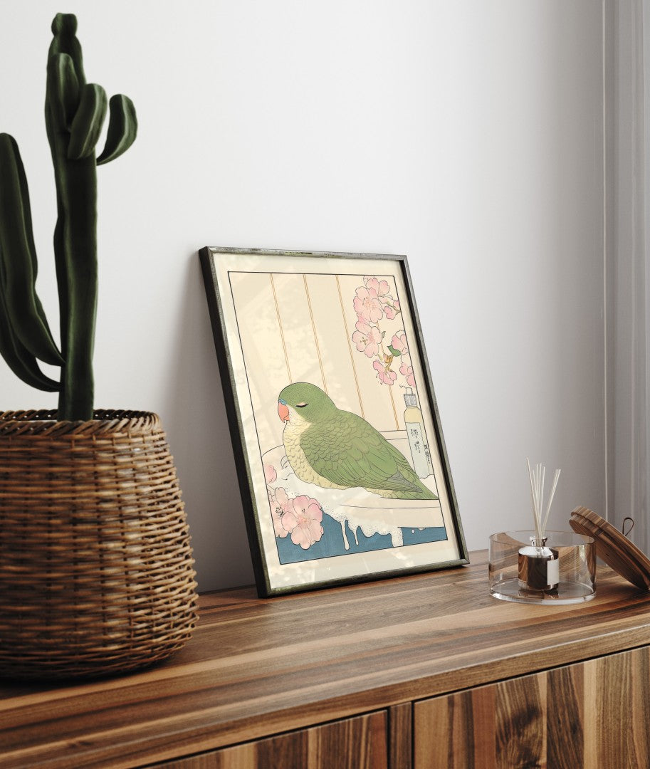 Framed bathroom decor featuring a colorful parakeet in a steamy floral soak