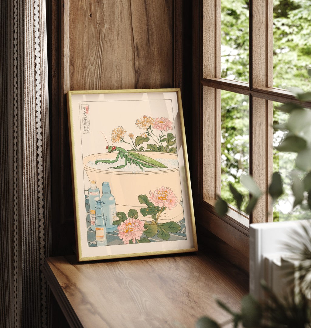 Framed praying mantis bathroom print with floral background and pastel colors