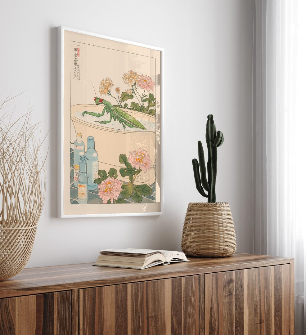 High-quality framed praying mantis bathroom wall art with calm natural feel