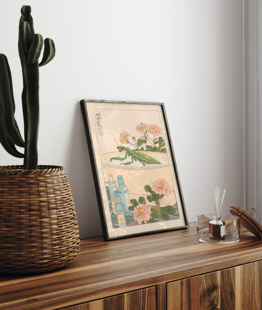 Framed bathroom decor featuring a praying mantis in a Japanese floral soak