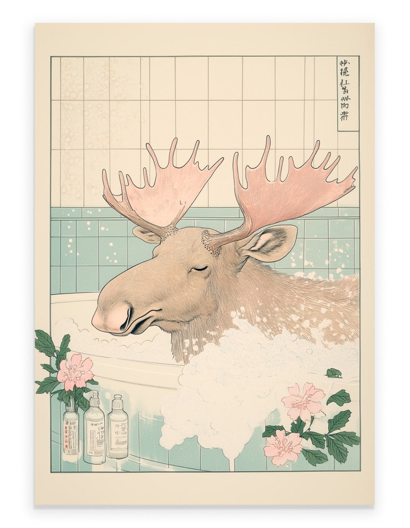 Moose in a Japanese-style floral bath with gentle pastels