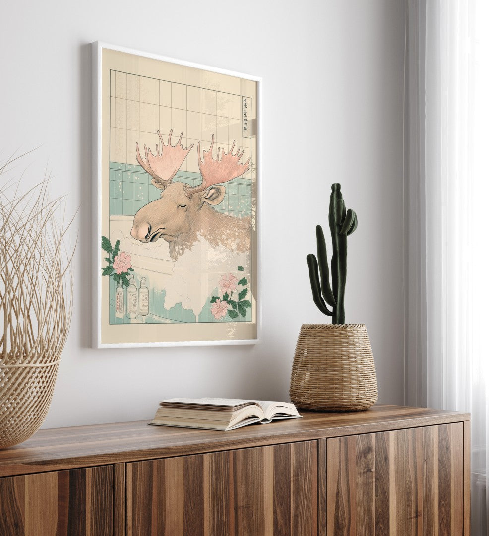High-quality framed moose bathroom wall art with natural tones