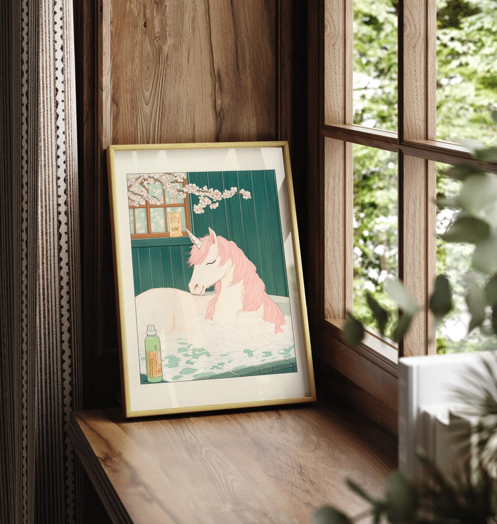 Framed unicorn bathroom print with botanical accents and a soft background